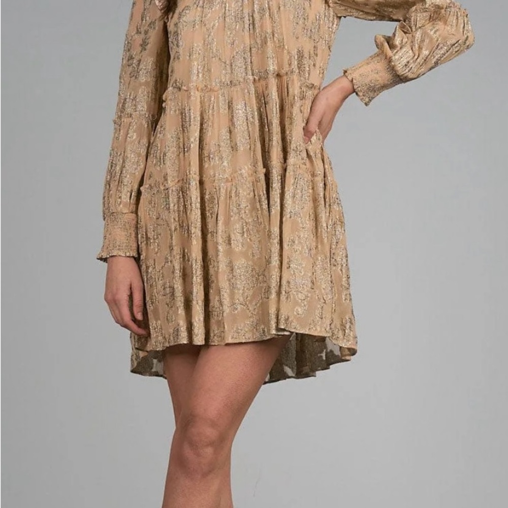 Chic Tan Patterned Long Sleeve Dress